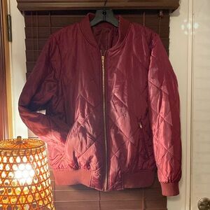 Maroon Quilted Bomber Jacket Gold Zipper